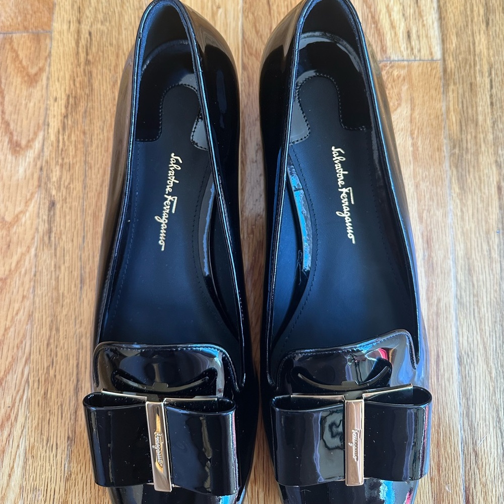 Salvatore Ferragamo Black Patent Leather Loafers with Gold Buckle - Picture 5 of 7